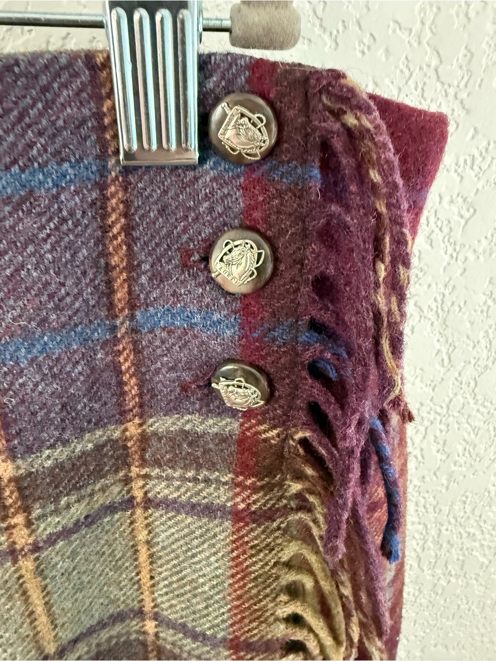 Ralph Lauren Burgundy and Olive Plaid Fringe Wrap Midi Skirt - Picture 3 of 5